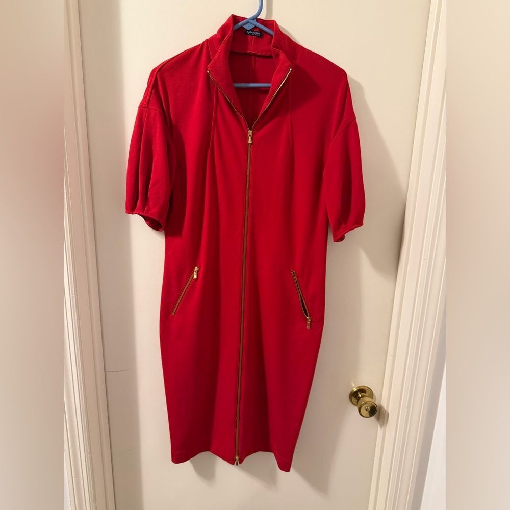 Magaschoni Vibrant Red Midi Dress with Pockets and Gold Zipper Sz Small
